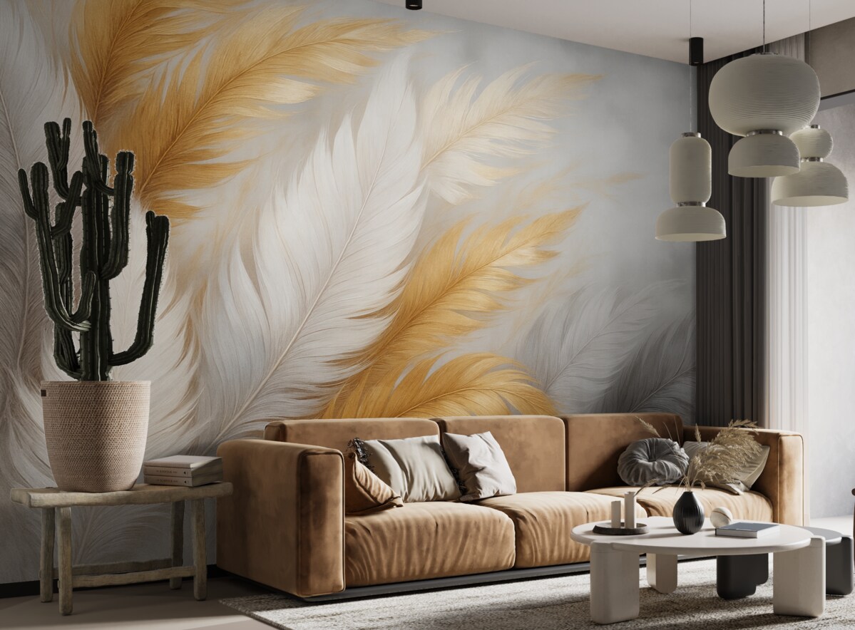 Fototapeta Szare i złote pióra na szarym tle.