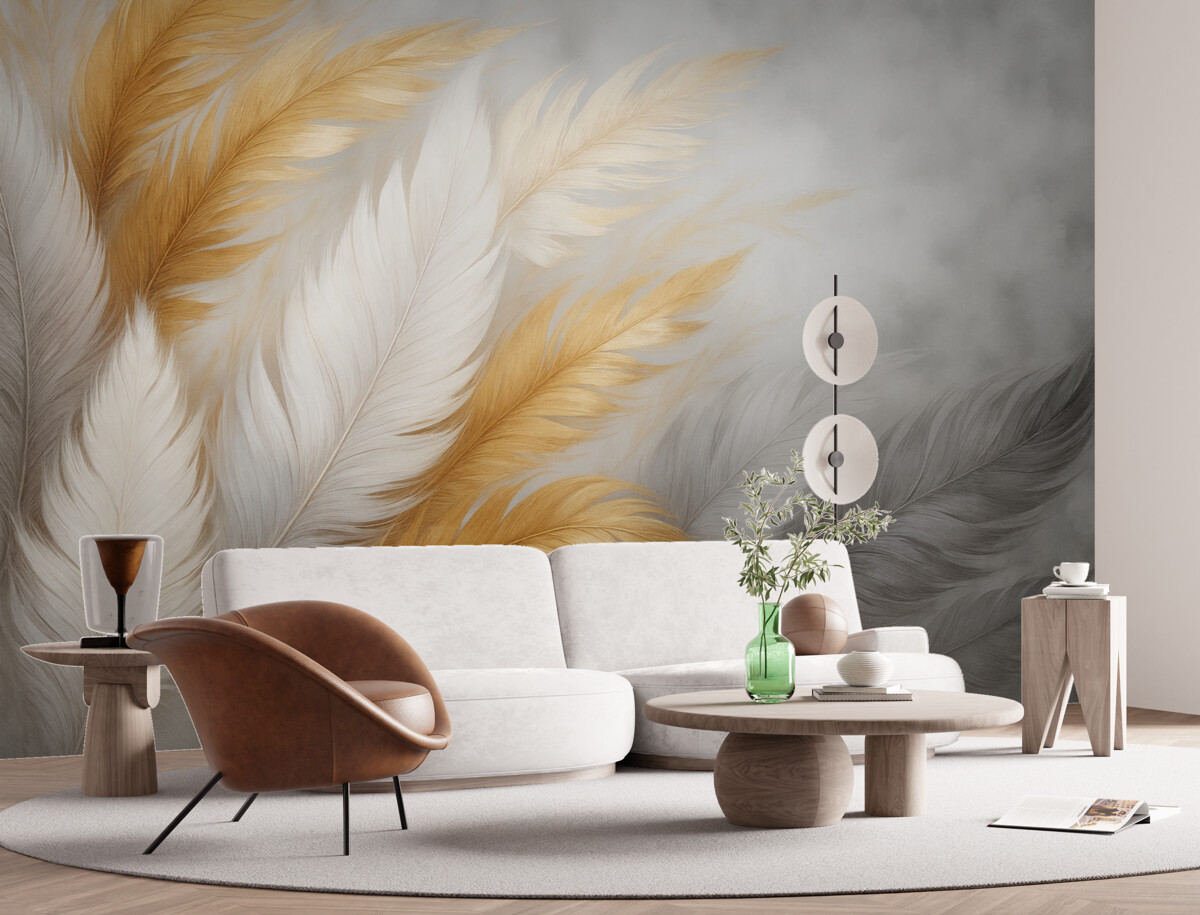 Fototapeta Szare i złote pióra na szarym tle.