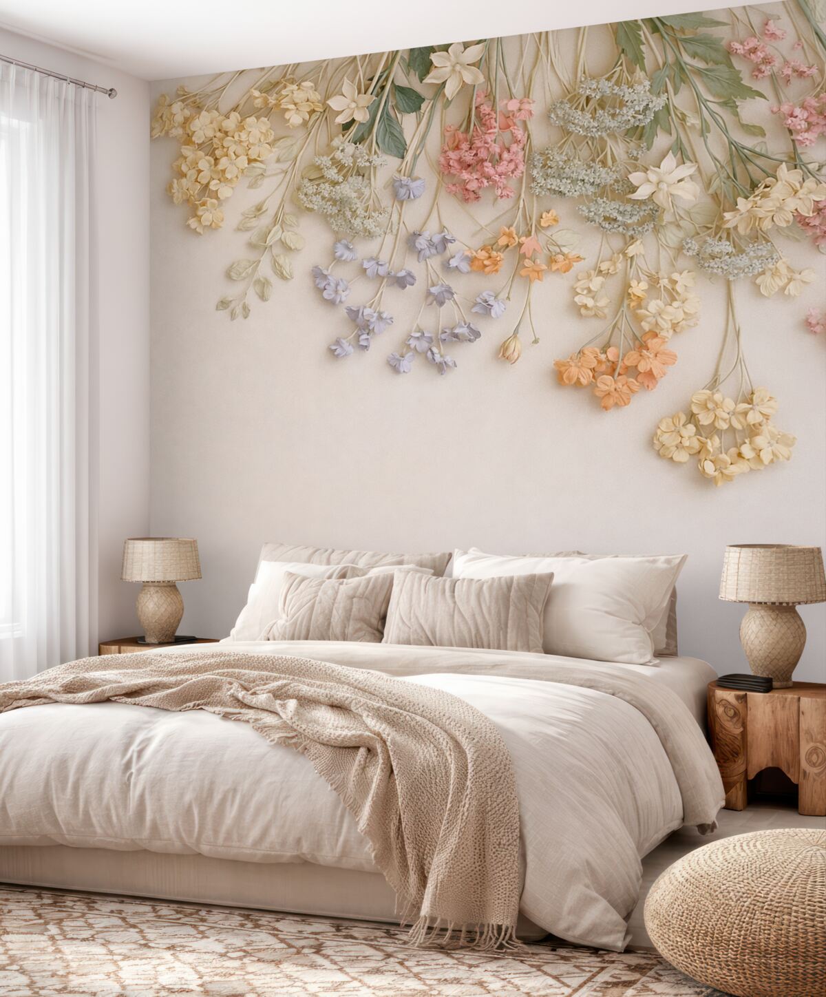 Fototapeta Powieszone szerokie łąkowe kwiaty na jasnobeżowym tle.