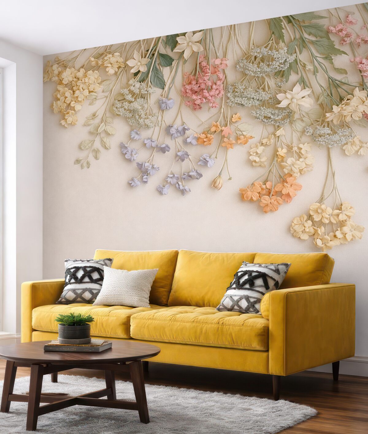 Fototapeta Powieszone szerokie łąkowe kwiaty na jasnobeżowym tle.