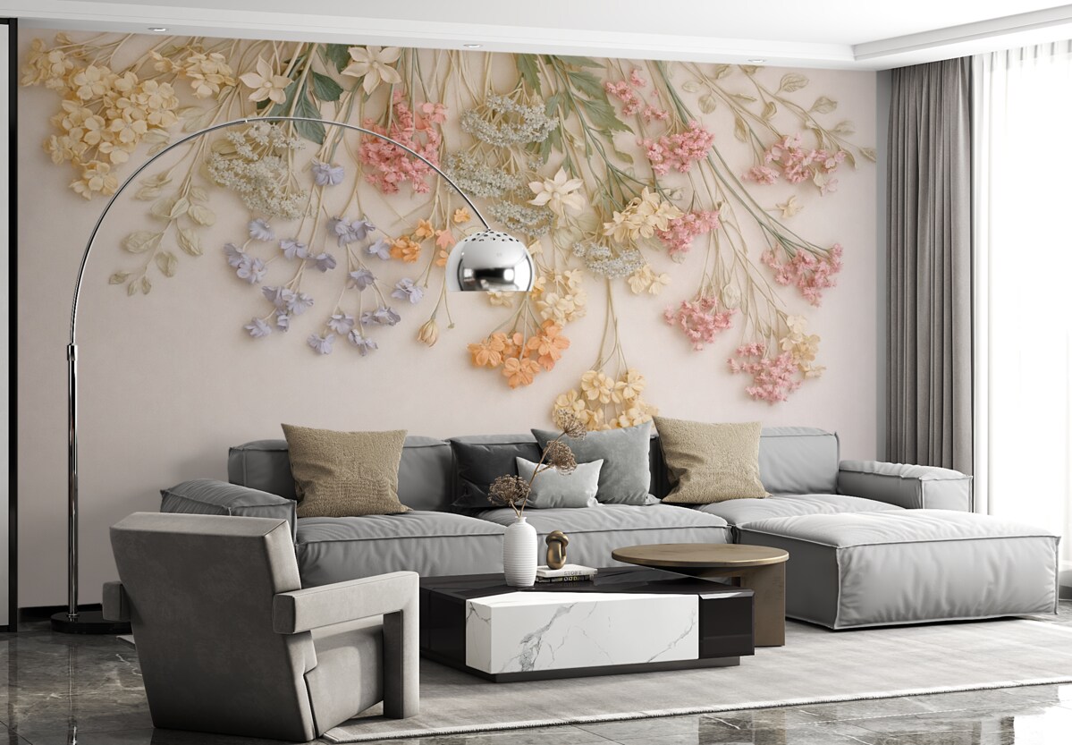 Fototapeta Powieszone szerokie łąkowe kwiaty na jasnobeżowym tle.