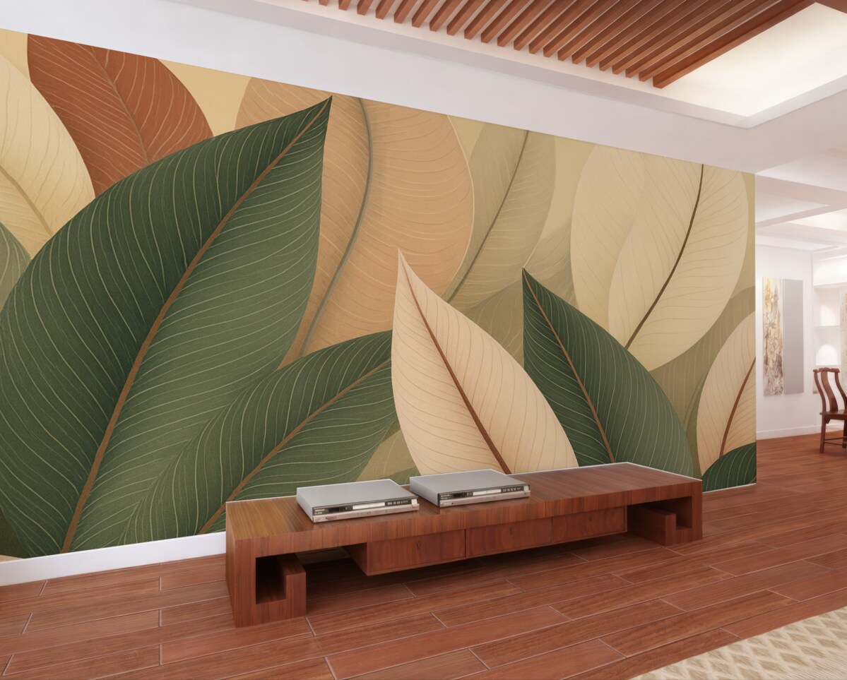 Fototapeta Zbliżenie liści w odcieniach oliwkowej zieleni oraz różowo-kremowym.