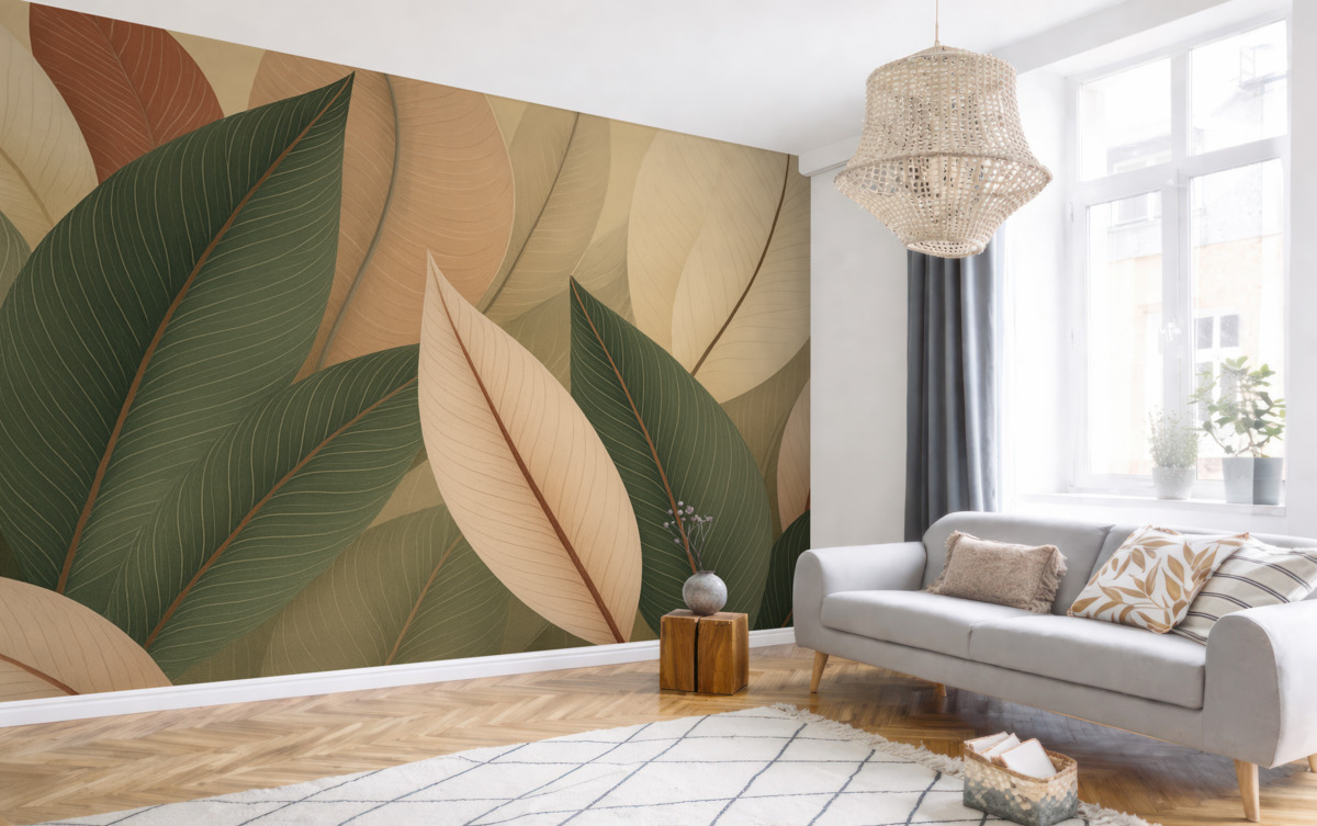 Fototapeta Zbliżenie liści w odcieniach oliwkowej zieleni oraz różowo-kremowym.