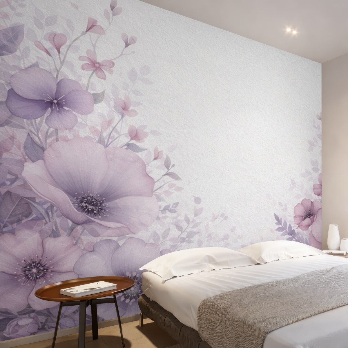 Fototapeta Wielkie kwiaty, naśladujące akwarelę na ścianie z jasnego cementu.