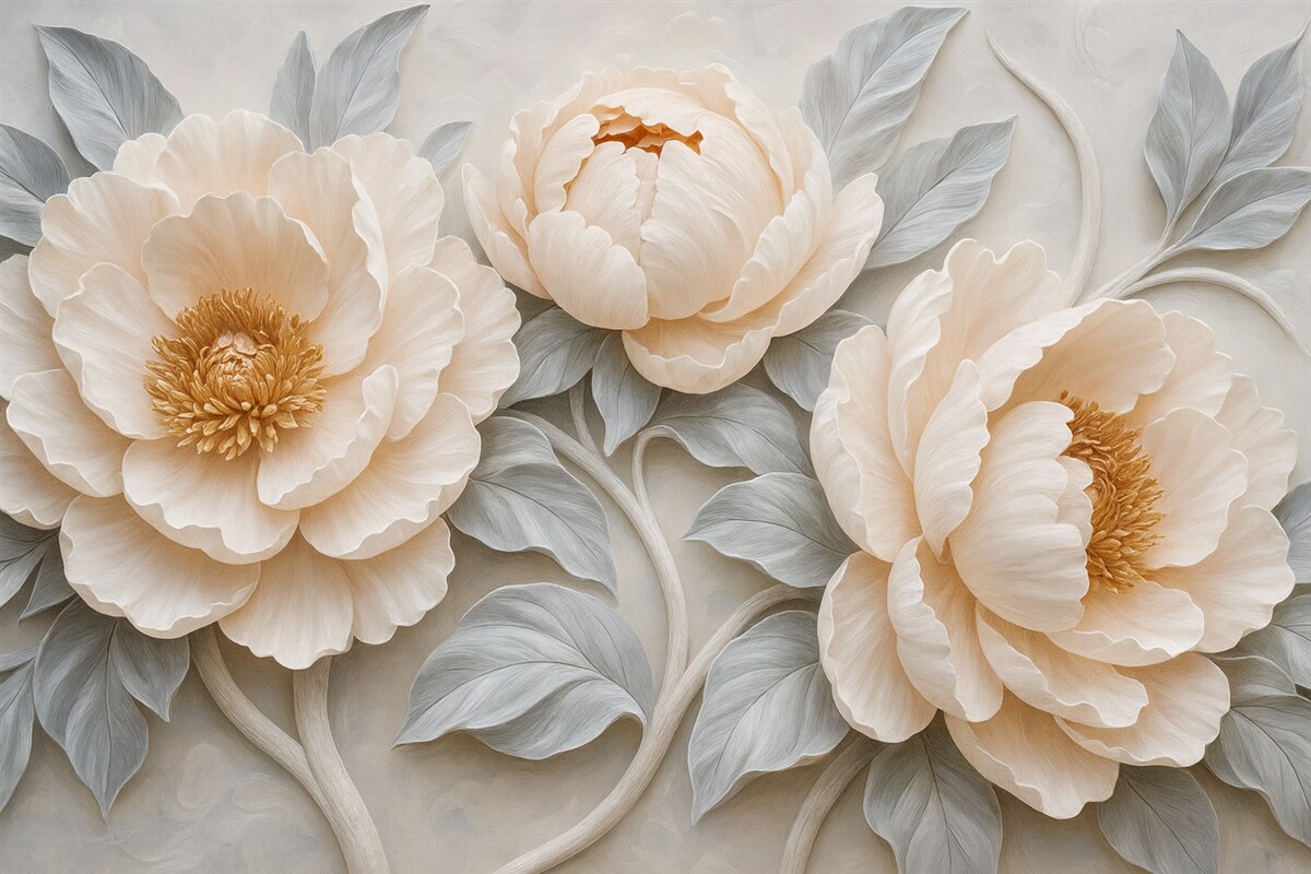 Fototapeta Fantastyczne ogromne piwonie z liśćmi w stylu malarstwa ściennego.