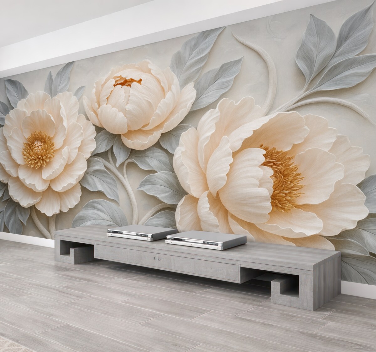 Fototapeta Fantastyczne ogromne piwonie z liśćmi w stylu malarstwa ściennego.