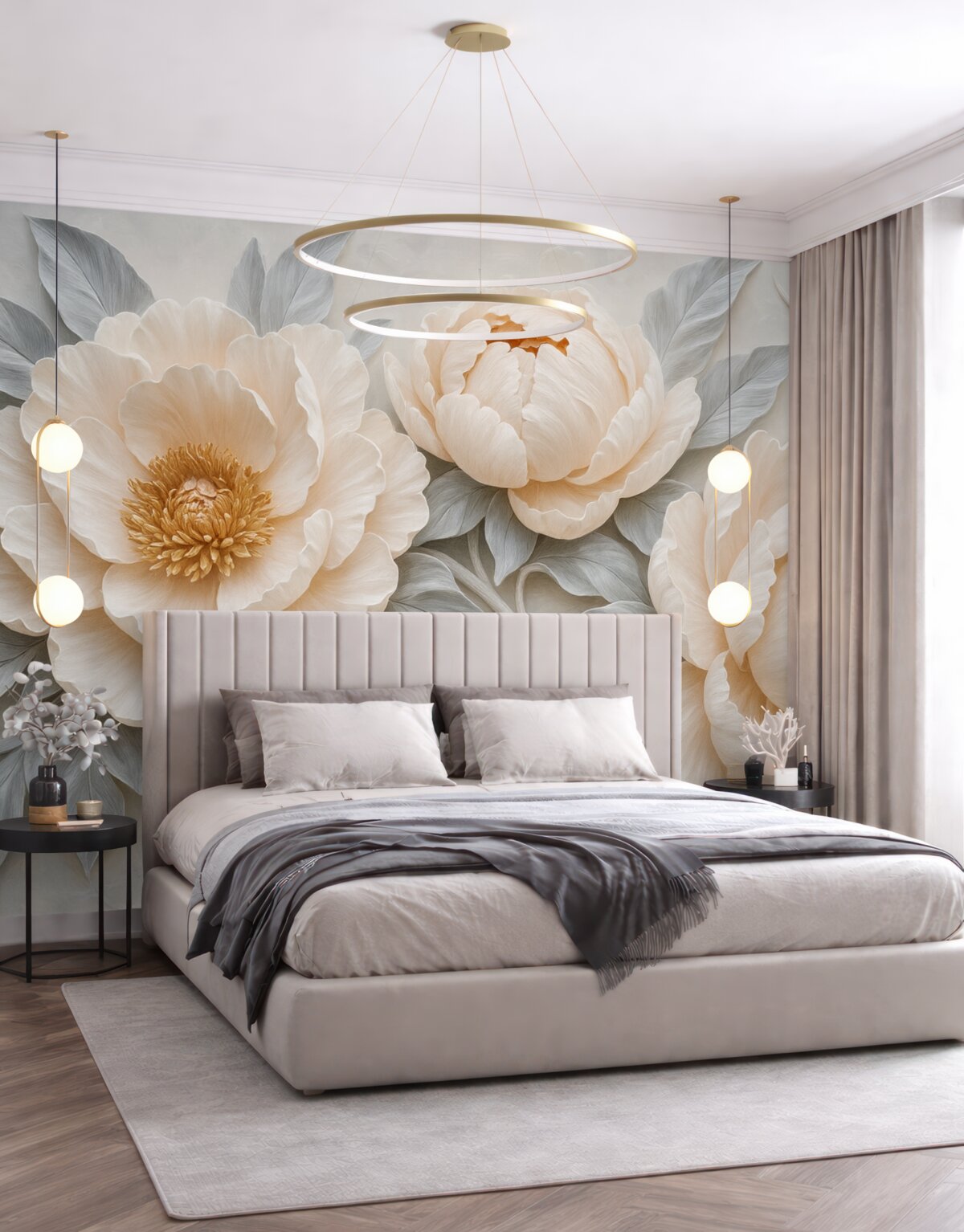 Fototapeta Fantastyczne ogromne piwonie z liśćmi w stylu malarstwa ściennego.