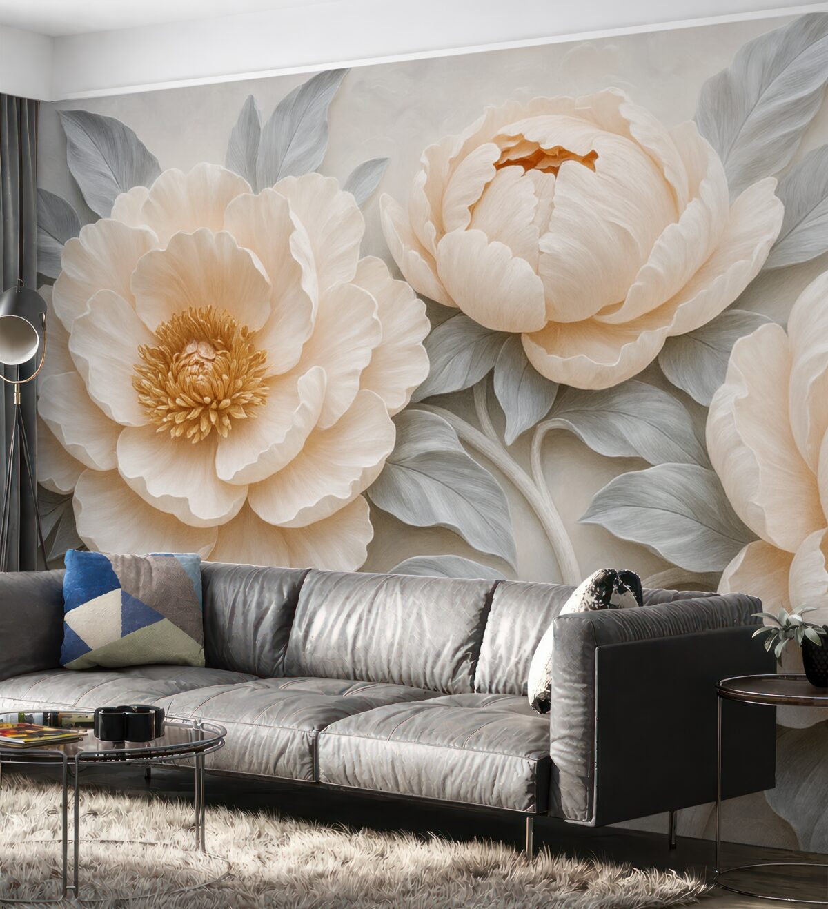 Fototapeta Fantastyczne ogromne piwonie z liśćmi w stylu malarstwa ściennego.