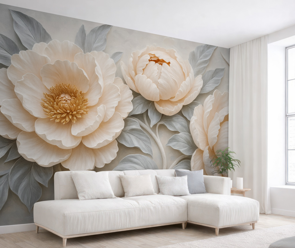 Fototapeta Fantastyczne ogromne piwonie z liśćmi w stylu malarstwa ściennego.