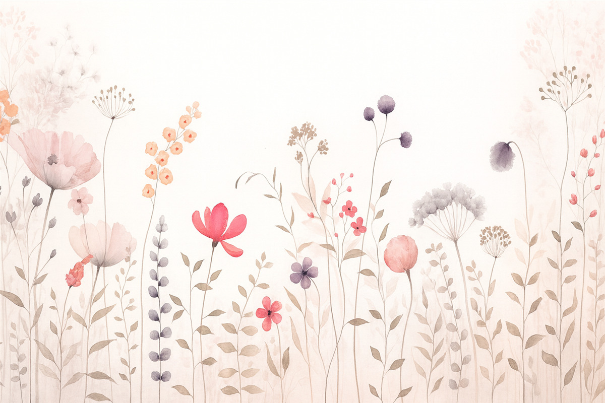 Fototapeta Kwiaty akwarelowe z makami, chryzantemami, mniszkiem i trawą.