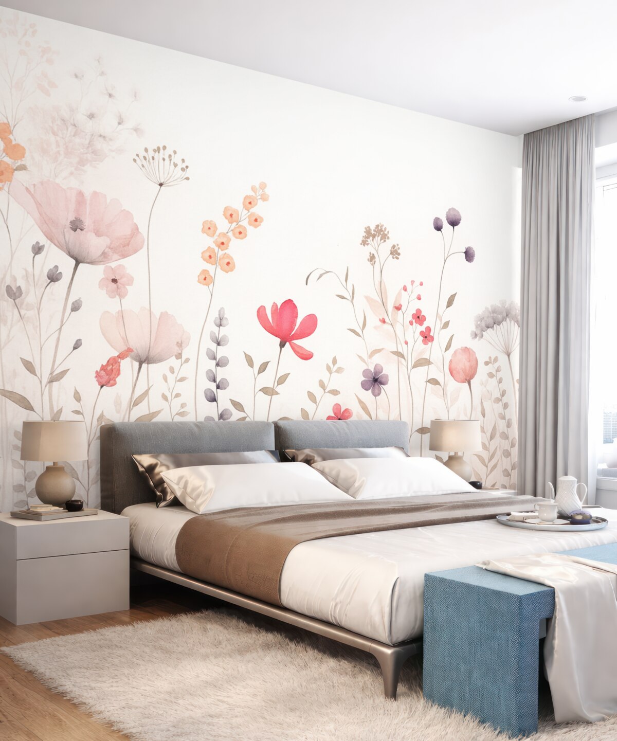 Fototapeta Kwiaty akwarelowe z makami, chryzantemami, mniszkiem i trawą.