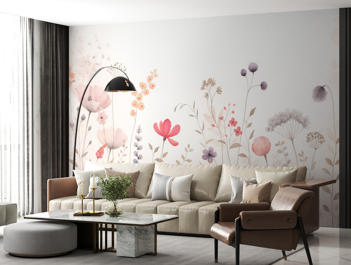 Fototapeta Kwiaty akwarelowe z makami, chryzantemami, mniszkiem i trawą.