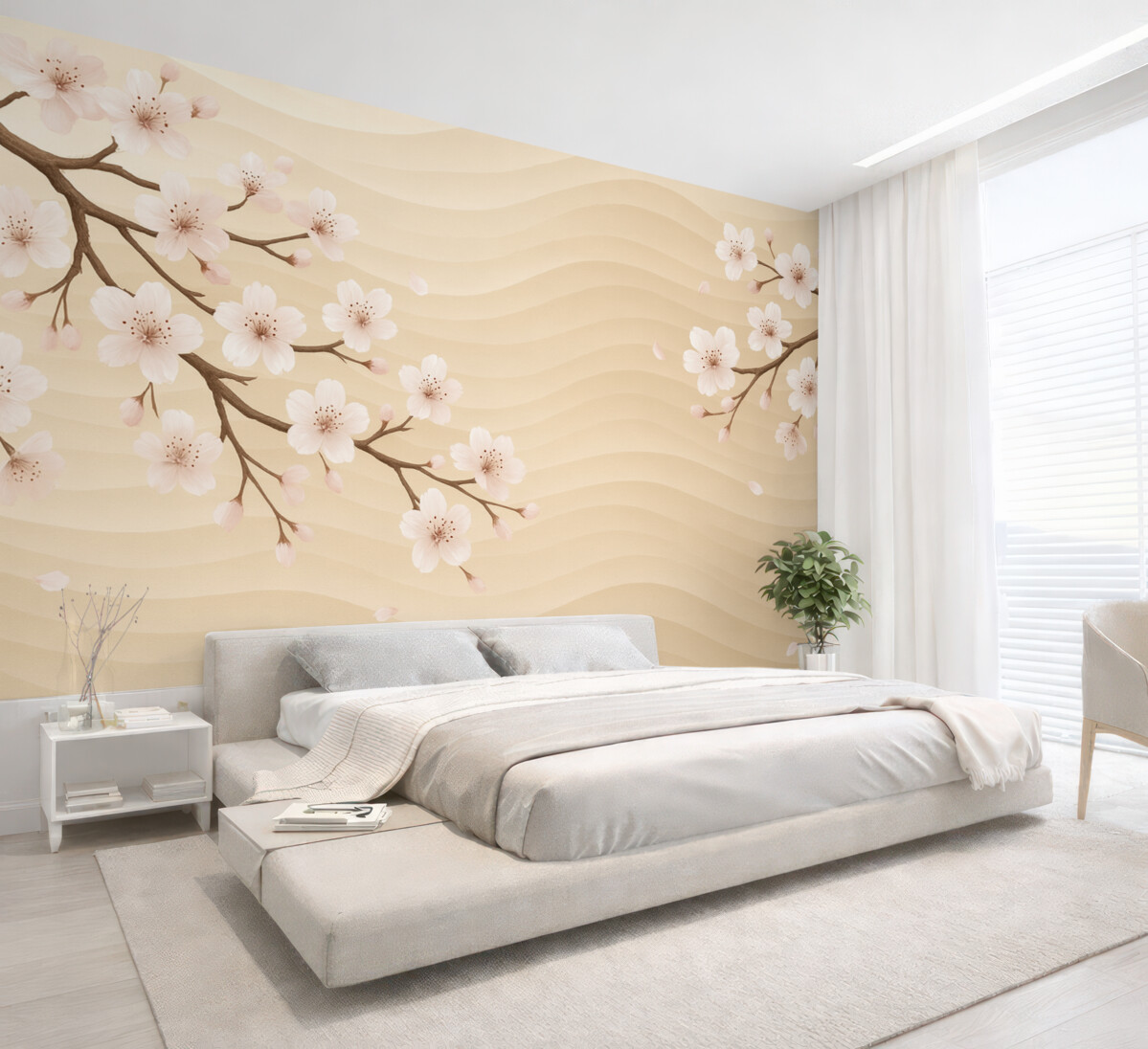 Fototapeta Gałęzie sakury na falującym, piaszczystym tle.