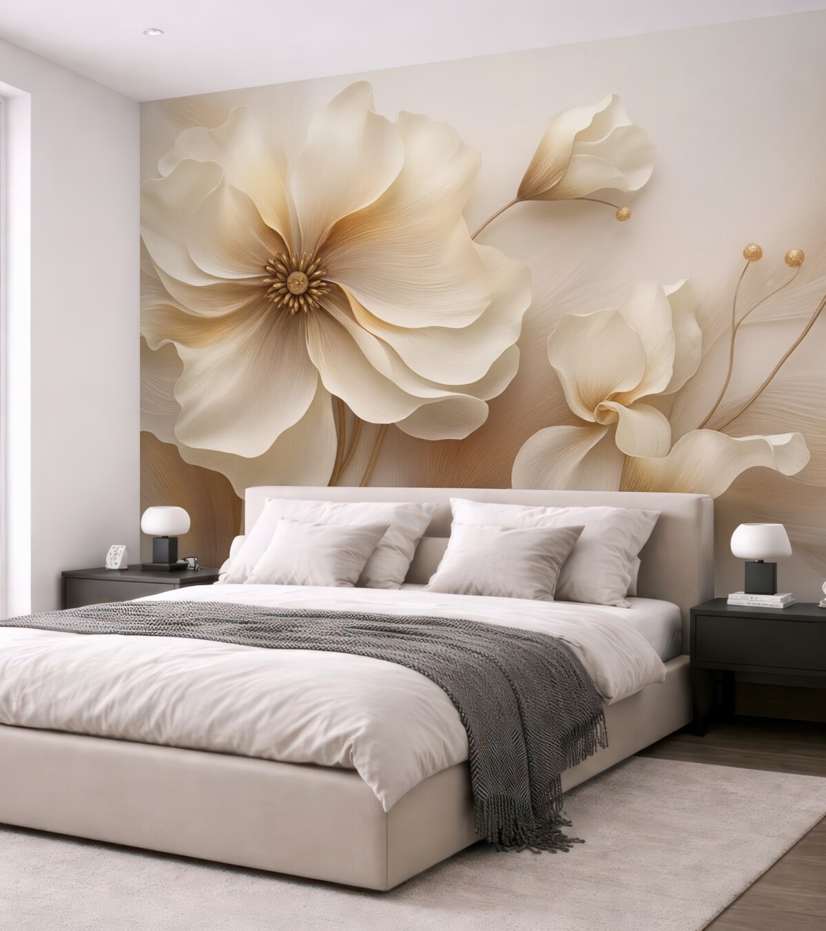 Fototapeta Beżowe oraz jasnobrązowe dzikie trawy z kwiatami w tonacjach beżu.