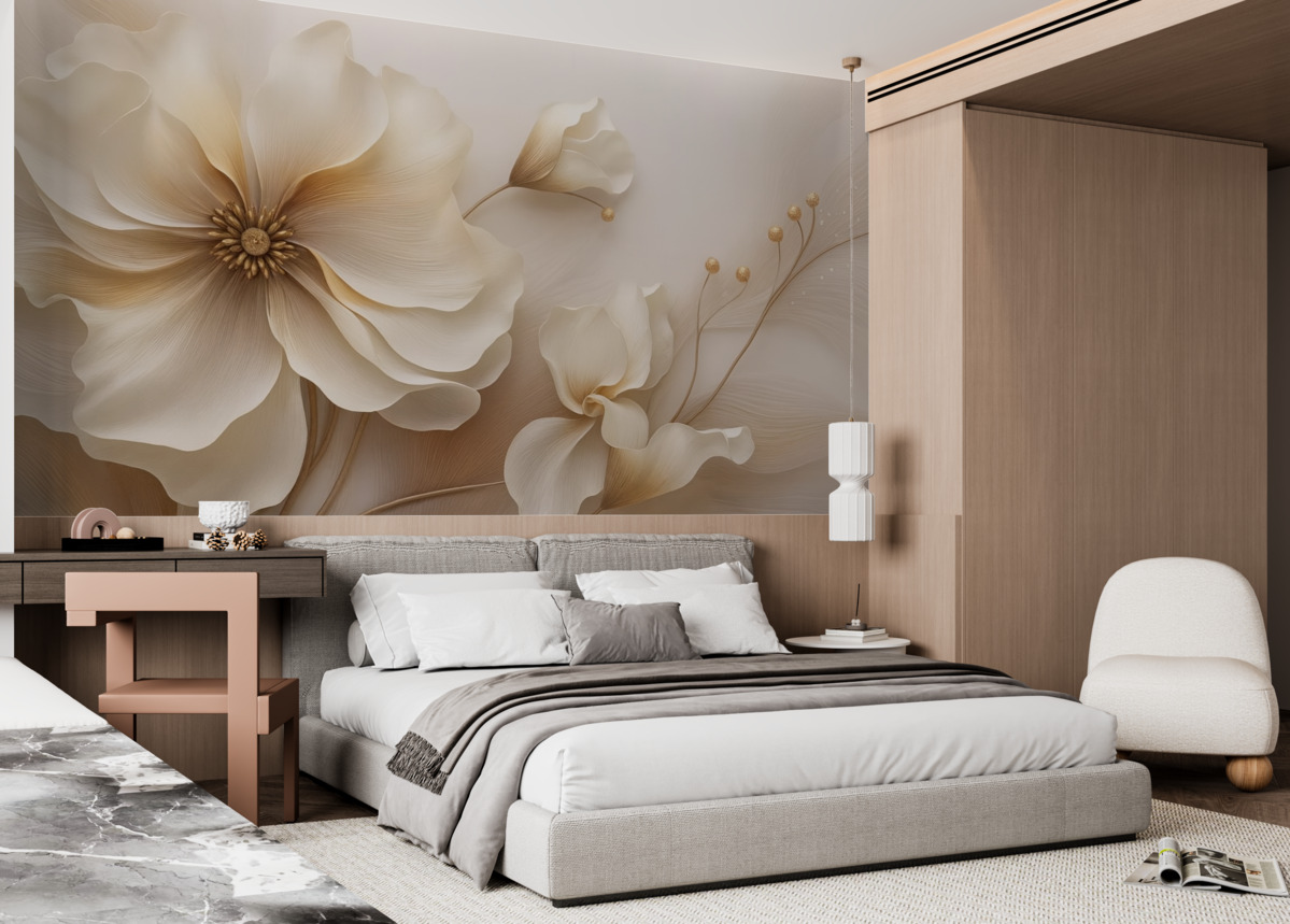 Fototapeta Beżowe oraz jasnobrązowe dzikie trawy z kwiatami w tonacjach beżu.