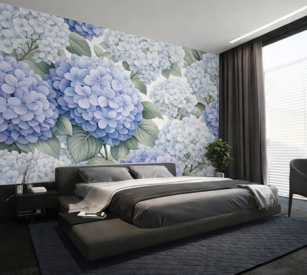 Fototapeta Kompozycja z subtelnie niebieskimi hortensjami oraz liśćmi.