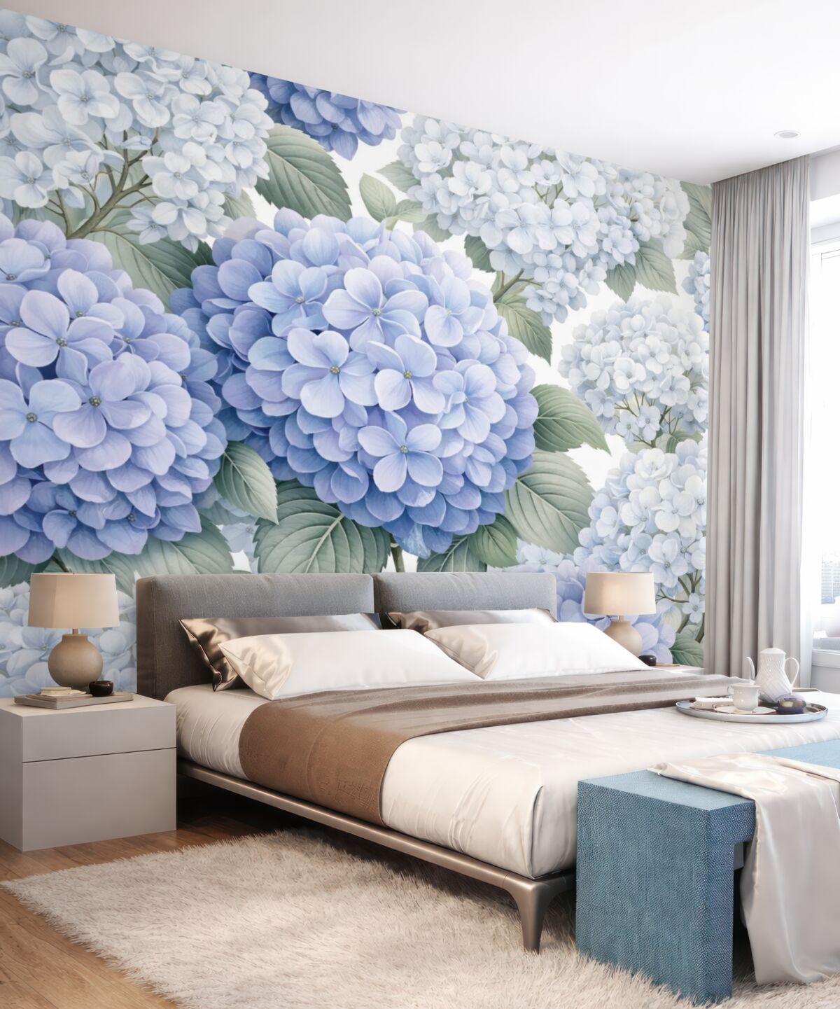 Fototapeta Kompozycja z subtelnie niebieskimi hortensjami oraz liśćmi.