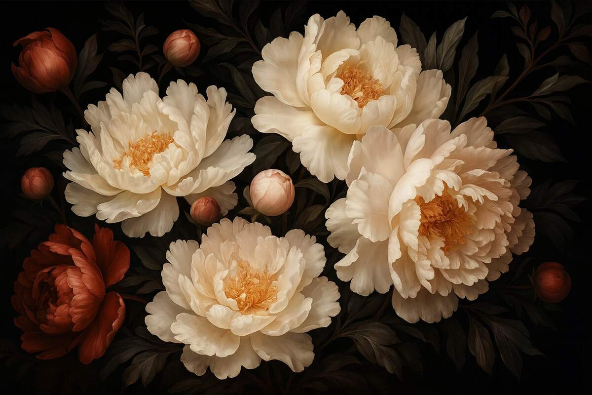 Fototapeta Duże białe piwonie z czerwonymi pączkami na ciemnym tle.