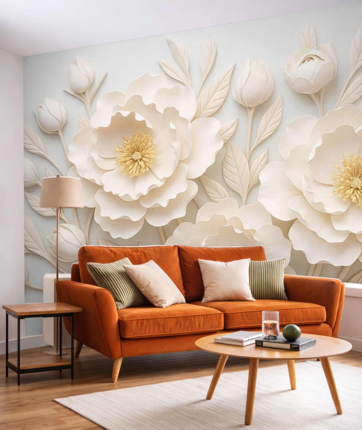 Fototapeta Reliefowe piwonie 3D w stylu malarskim z żółtym akcentem.