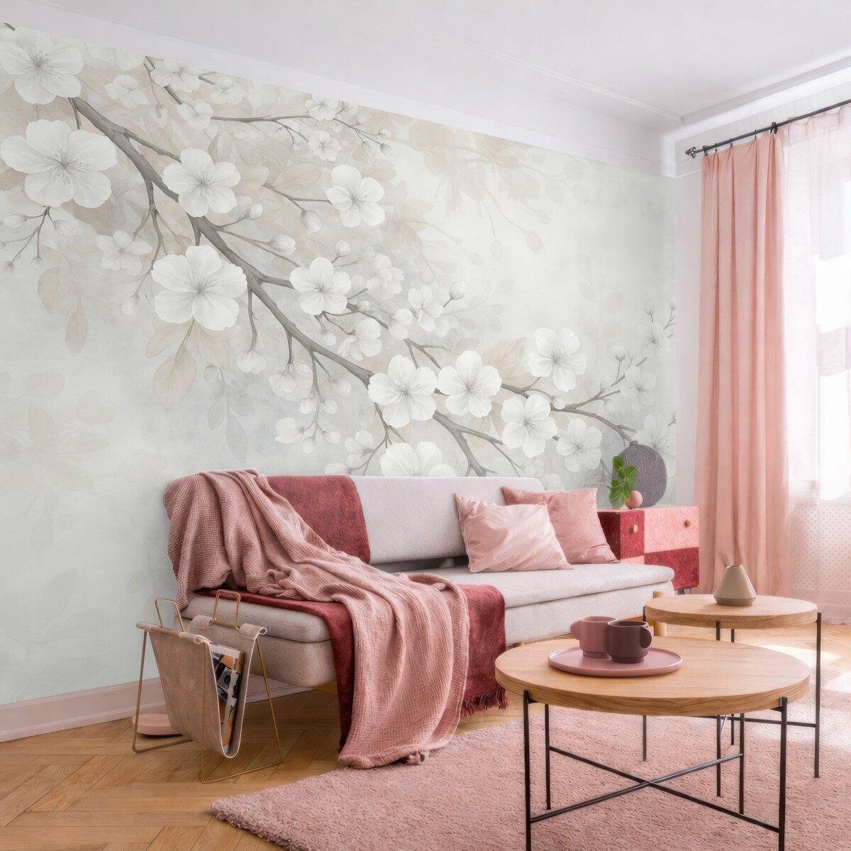 Fototapeta Gałązki wiśni z białymi kwiatami i srebrnymi liśćmi, na szykownych kwiatowych sylwetkach w subtelnych pastelowych odcieniach.