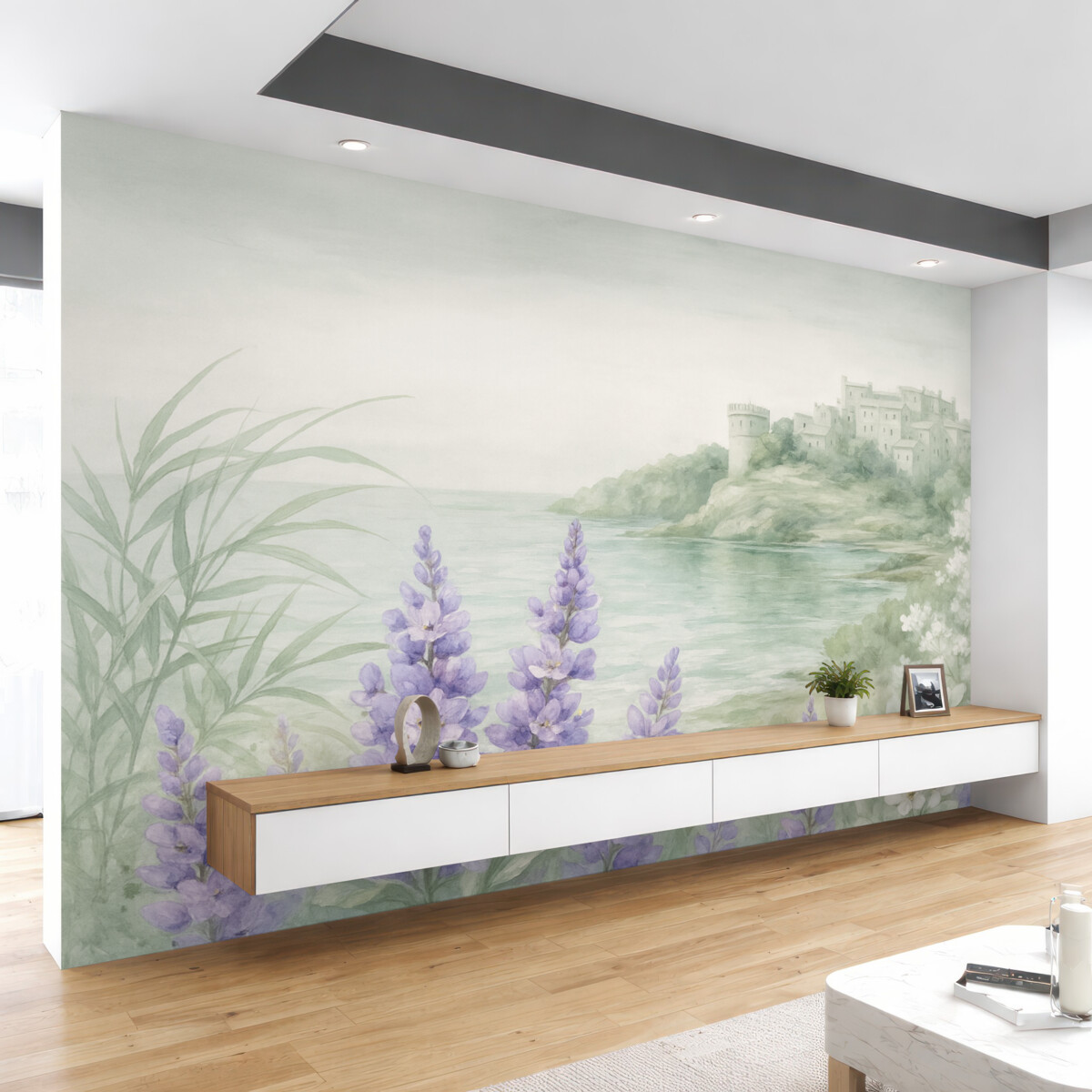 Fototapeta Teksturowany pejzaż w stylu retro z zamkiem na klifie z panoramą na morze, z lawendowymi kwiatami w delikatnych barwach.