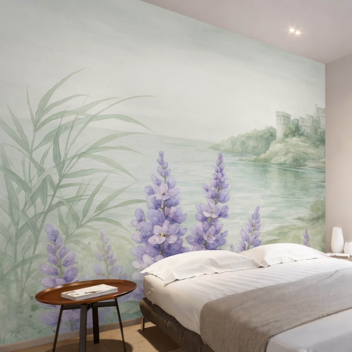 Fototapeta Teksturowany pejzaż w stylu retro z zamkiem na klifie z panoramą na morze, z lawendowymi kwiatami w delikatnych barwach.