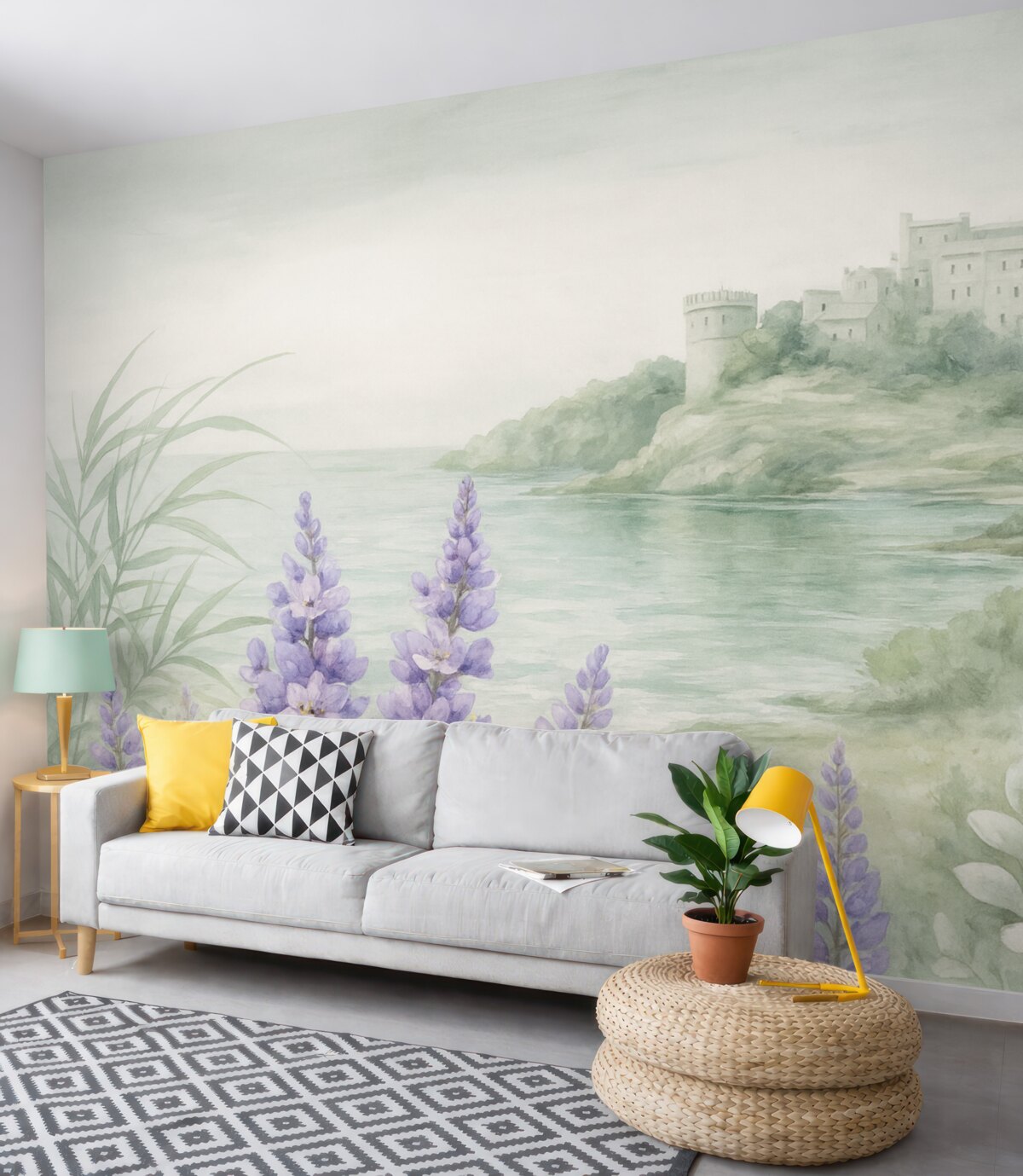 Fototapeta Teksturowany pejzaż w stylu retro z zamkiem na klifie z panoramą na morze, z lawendowymi kwiatami w delikatnych barwach.
