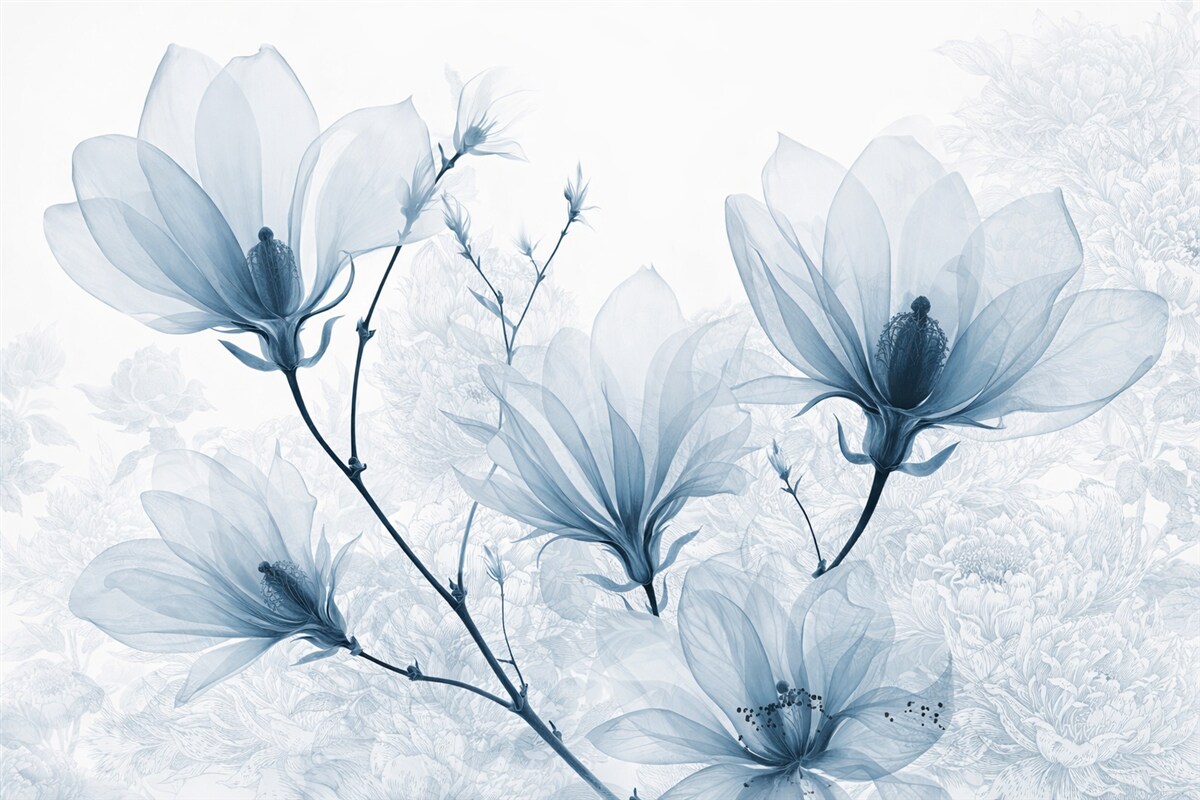 Fototapeta Przezroczyste błękitne kwiaty magnolii z konturami kwiatów o subtelnych płatkach i ciemnych łodygach.