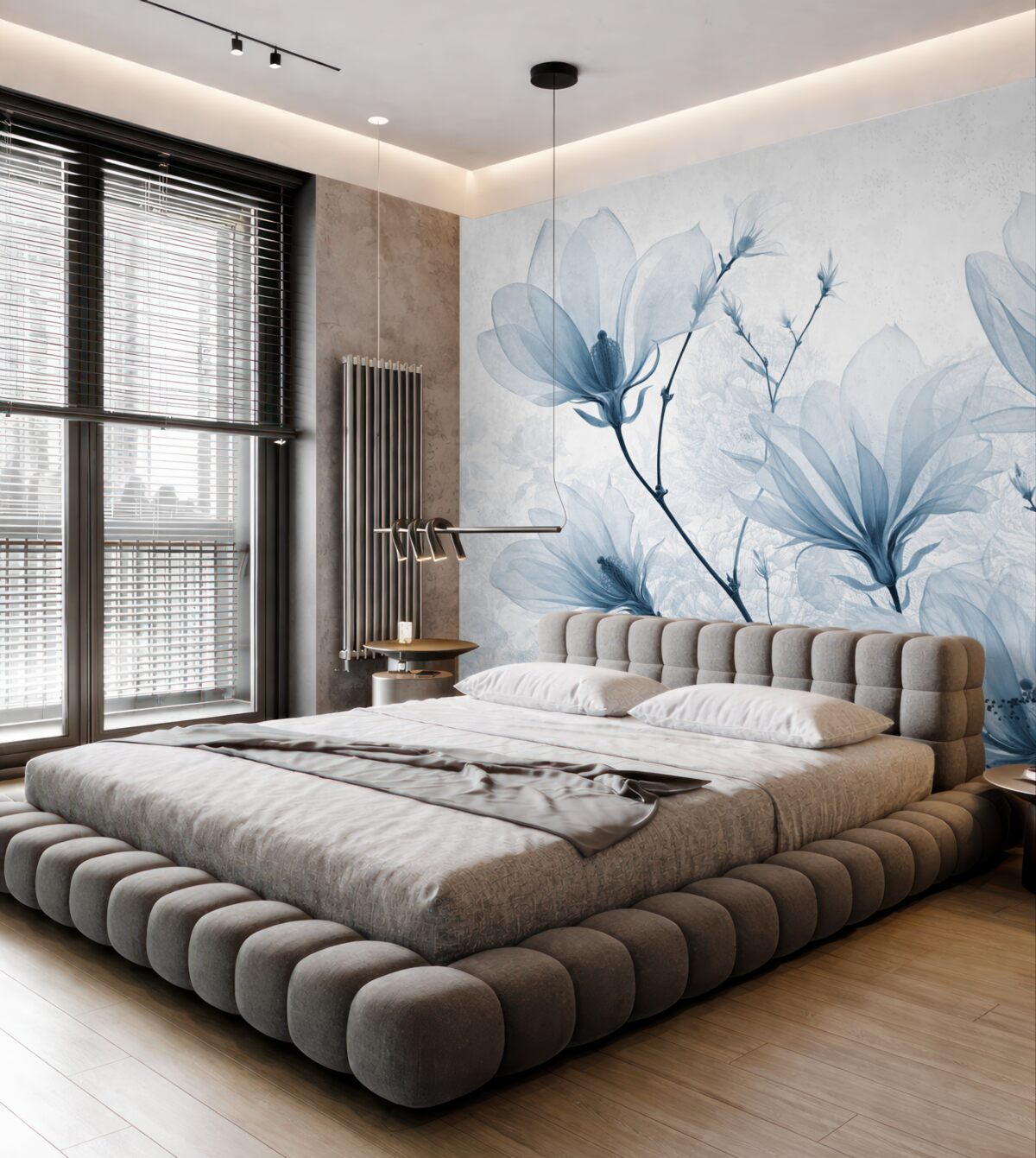 Fototapeta Przezroczyste błękitne kwiaty magnolii z konturami kwiatów o subtelnych płatkach i ciemnych łodygach.