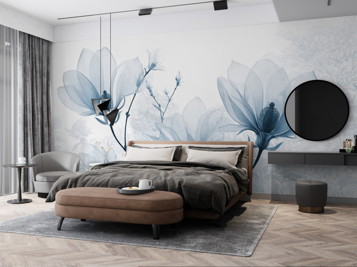 Fototapeta Przezroczyste błękitne kwiaty magnolii z konturami kwiatów o subtelnych płatkach i ciemnych łodygach.