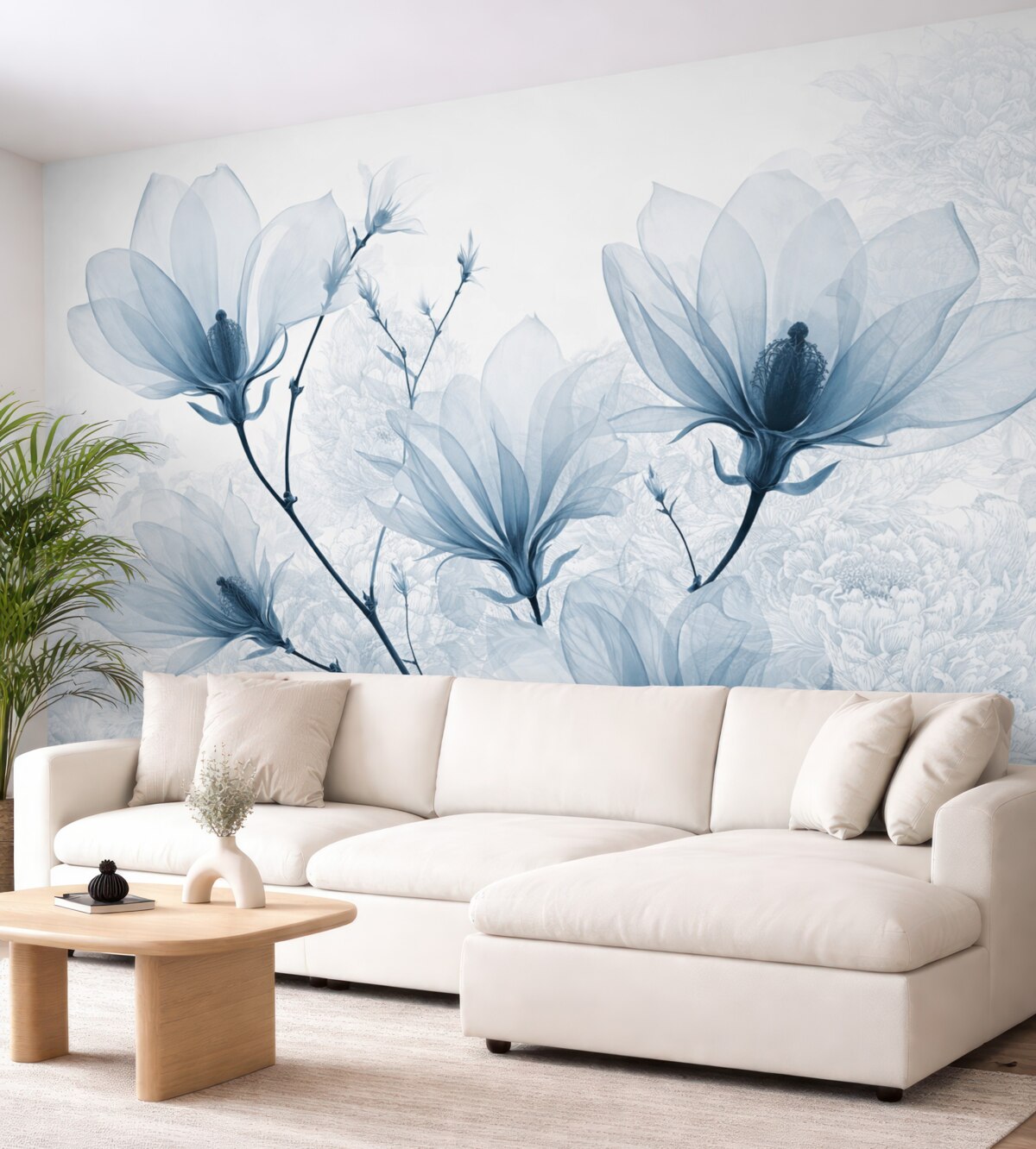 Fototapeta Przezroczyste błękitne kwiaty magnolii z konturami kwiatów o subtelnych płatkach i ciemnych łodygach.