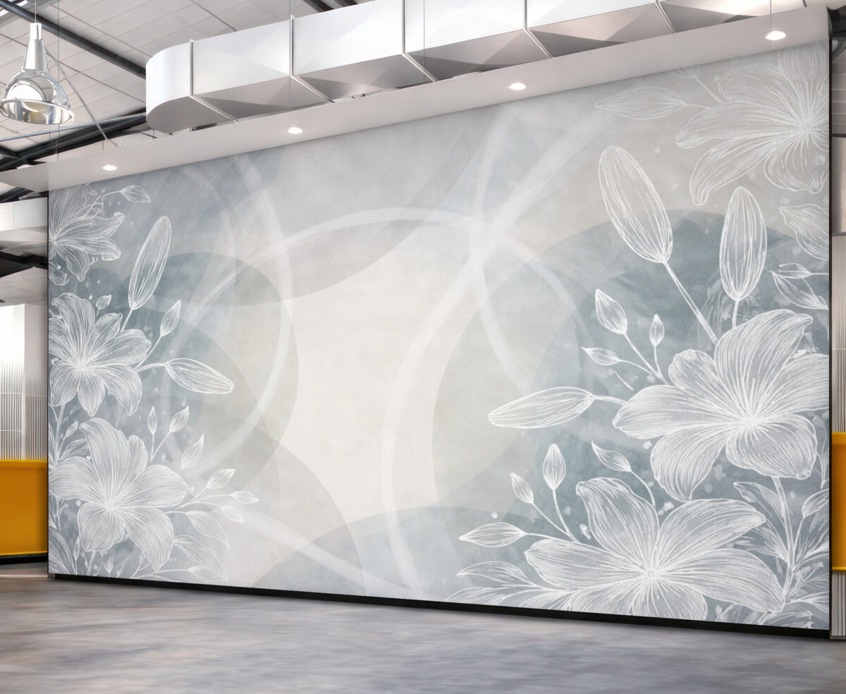 Fototapeta Minimalistyczny florystyczny motyw z białymi kwiatami i liśćmi, nakładającymi się na siebie abstrakcyjnymi kręgami w odcieniach szarości i niebieskiego.