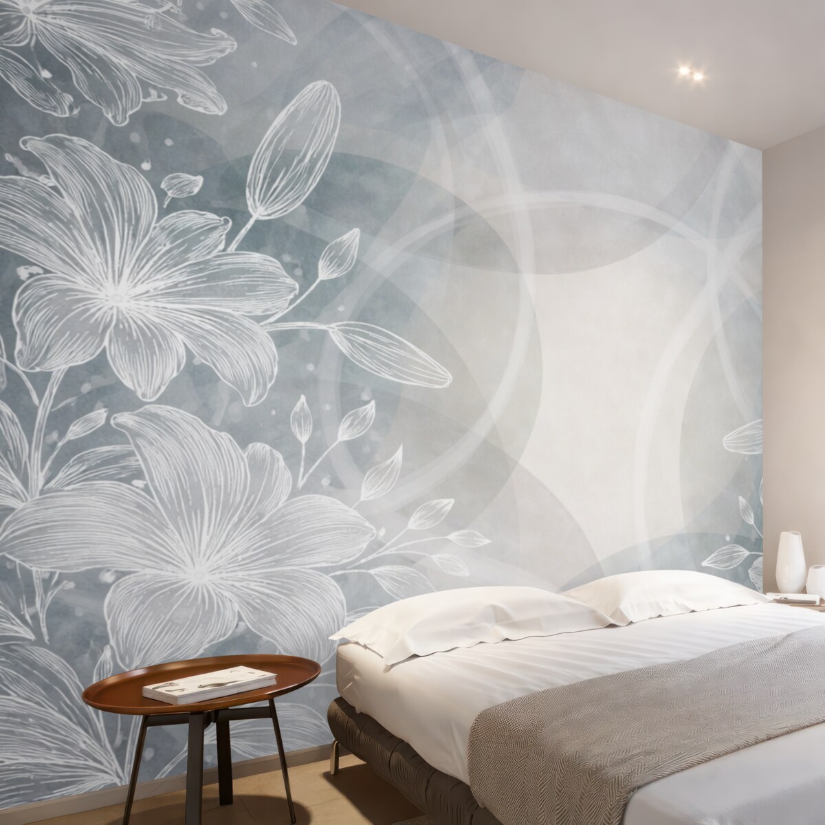 Fototapeta Minimalistyczny florystyczny motyw z białymi kwiatami i liśćmi, nakładającymi się na siebie abstrakcyjnymi kręgami w odcieniach szarości i niebieskiego.