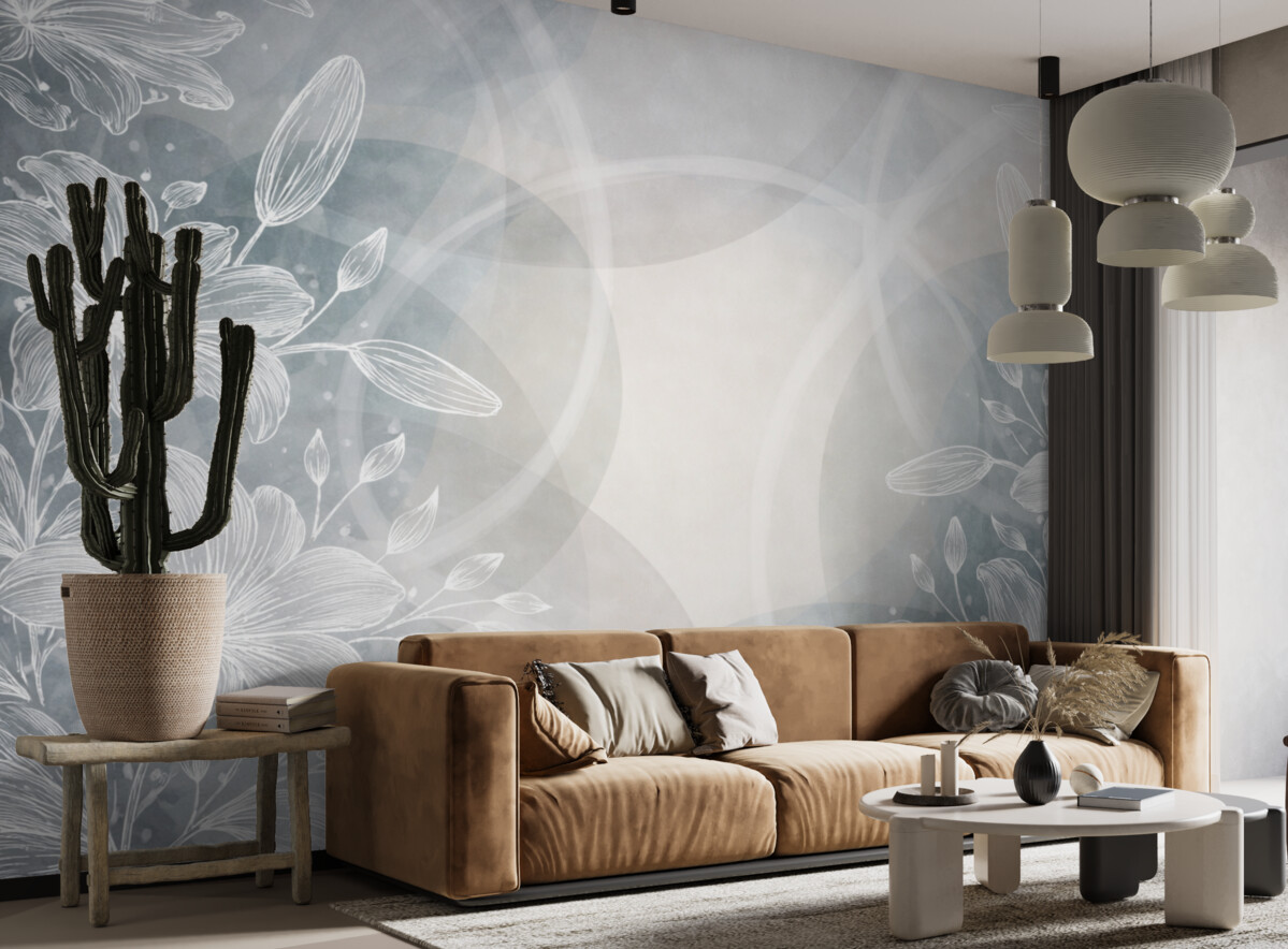 Fototapeta Minimalistyczny florystyczny motyw z białymi kwiatami i liśćmi, nakładającymi się na siebie abstrakcyjnymi kręgami w odcieniach szarości i niebieskiego.