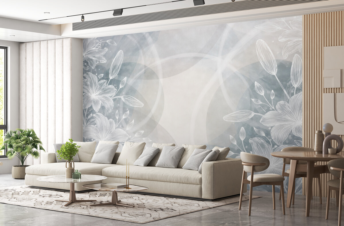 Fototapeta Minimalistyczny florystyczny motyw z białymi kwiatami i liśćmi, nakładającymi się na siebie abstrakcyjnymi kręgami w odcieniach szarości i niebieskiego.