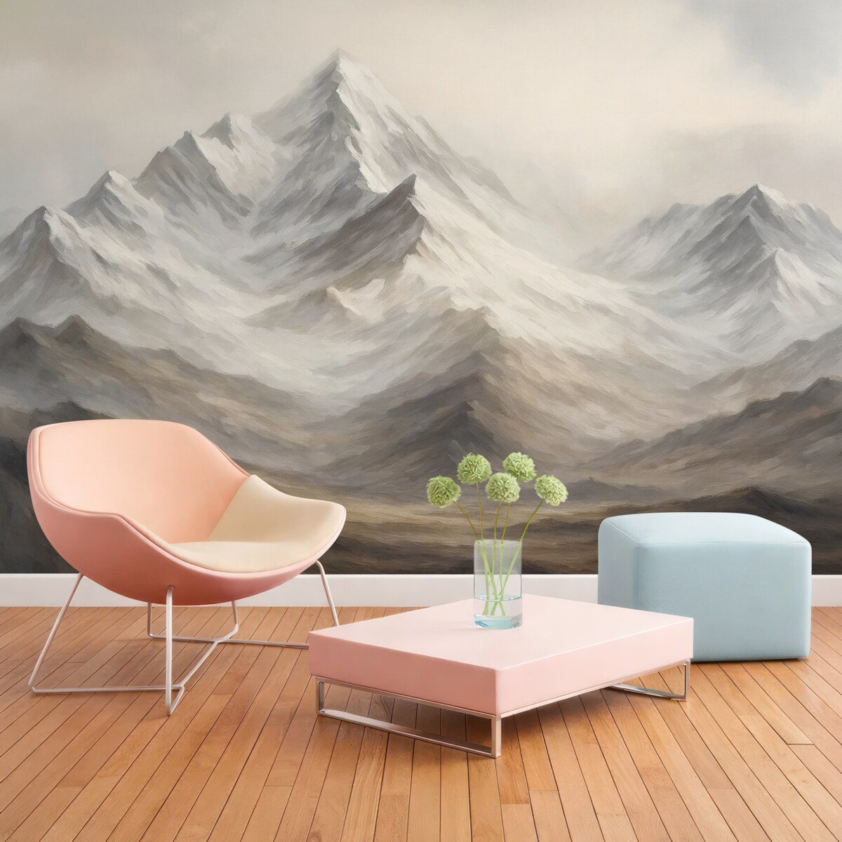 Fototapeta Górski pejzaż z błękitnym niebem, ruchy pędzla, stonowane beżowe i szare odcienie, łańcuch górski.