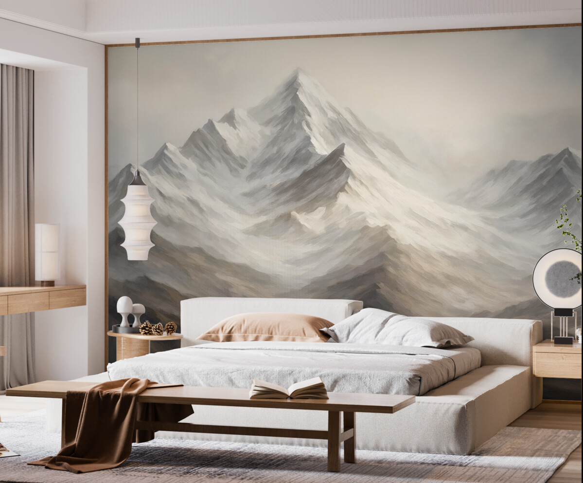 Fototapeta Górski pejzaż z błękitnym niebem, ruchy pędzla, stonowane beżowe i szare odcienie, łańcuch górski.