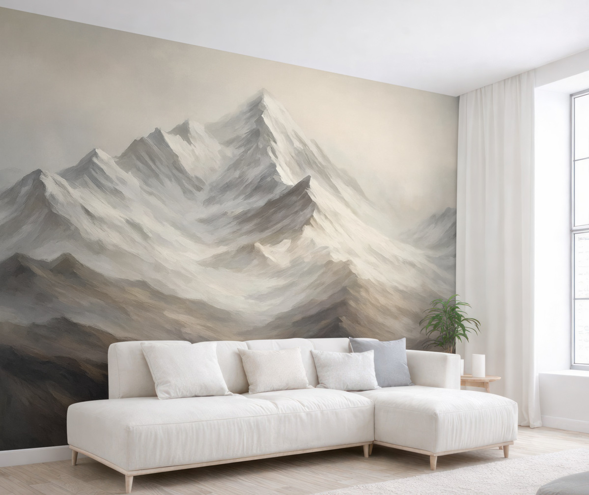 Fototapeta Górski pejzaż z błękitnym niebem, ruchy pędzla, stonowane beżowe i szare odcienie, łańcuch górski.