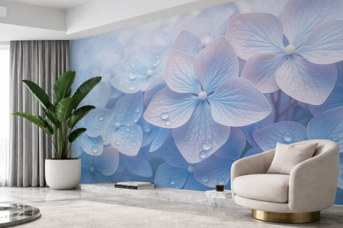 Fototapeta Vintage teksturowane niebieskie i różowe hortensje z kroplami wody na płatkach, rozmyte różowe tło.