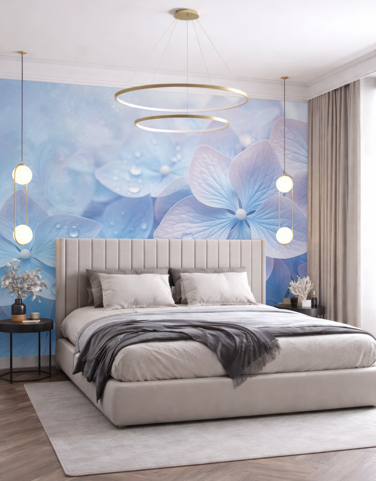 Fototapeta Vintage teksturowane niebieskie i różowe hortensje z kroplami wody na płatkach, rozmyte różowe tło.