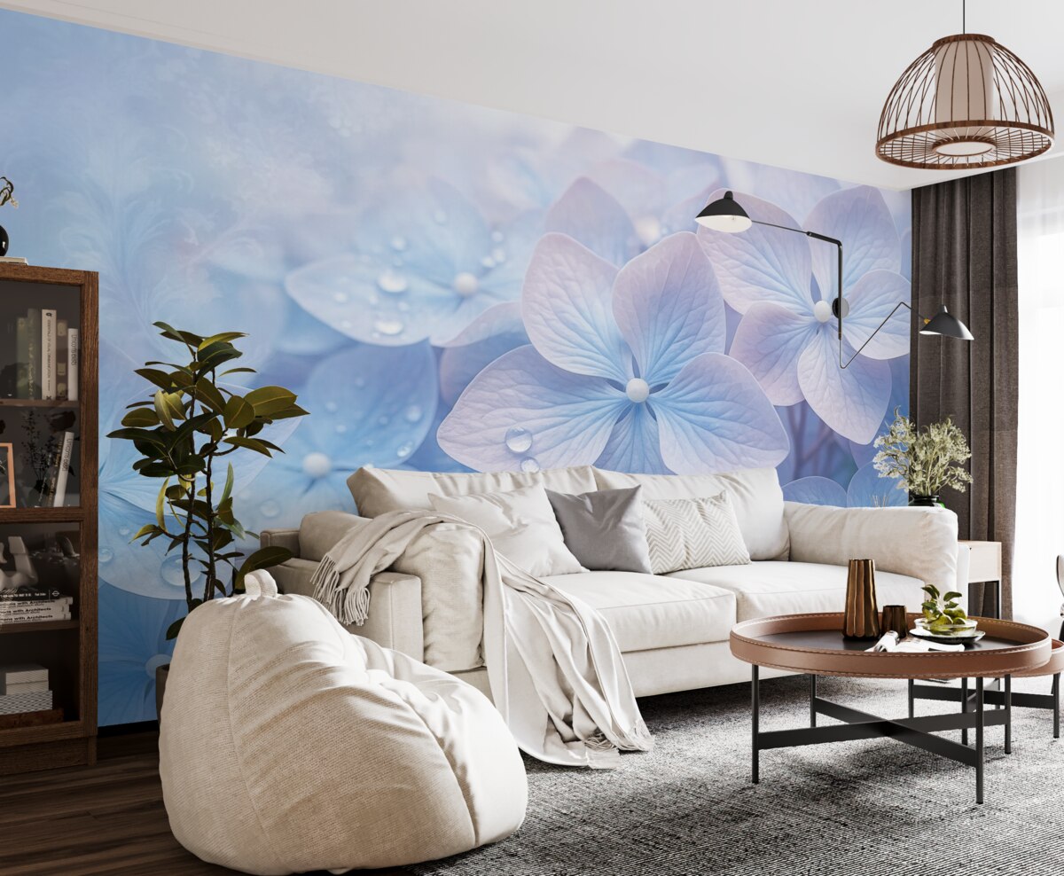 Fototapeta Vintage teksturowane niebieskie i różowe hortensje z kroplami wody na płatkach, rozmyte różowe tło.