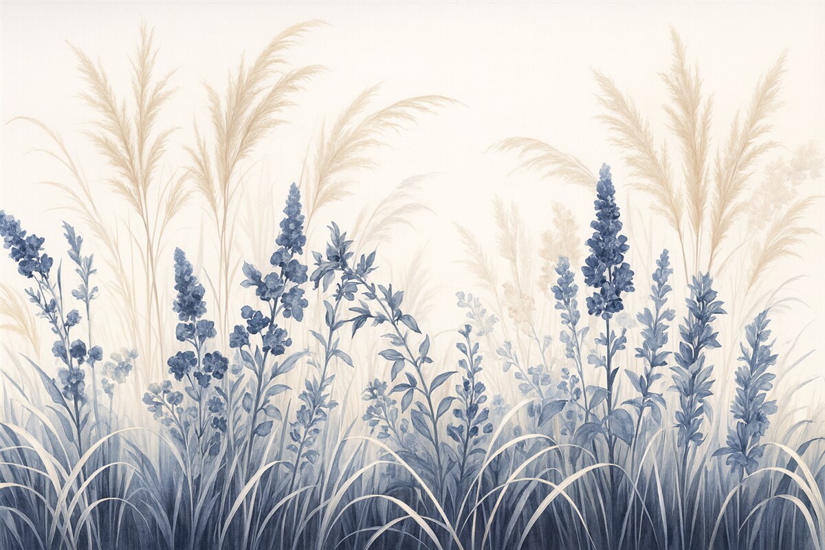 Fototapeta Niebieskie kwiaty oraz beżowe trzciny na łące, minimalistyczna faktura obrazu, jasne tło, łagodne kolory, subtelne pociągnięcia pędzla.