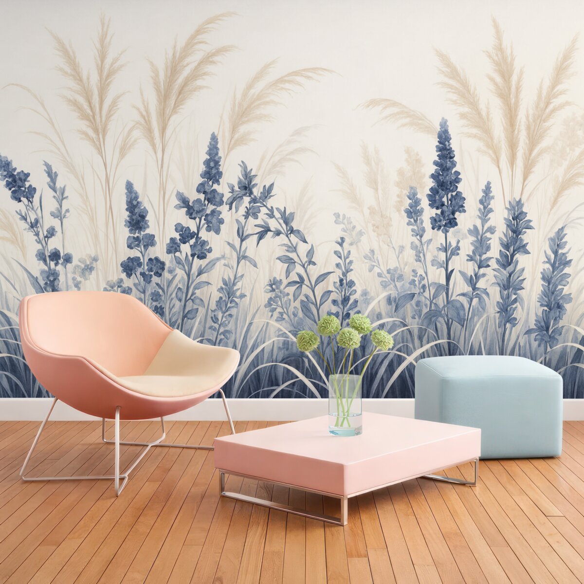 Fototapeta Niebieskie kwiaty oraz beżowe trzciny na łące, minimalistyczna faktura obrazu, jasne tło, łagodne kolory, subtelne pociągnięcia pędzla.