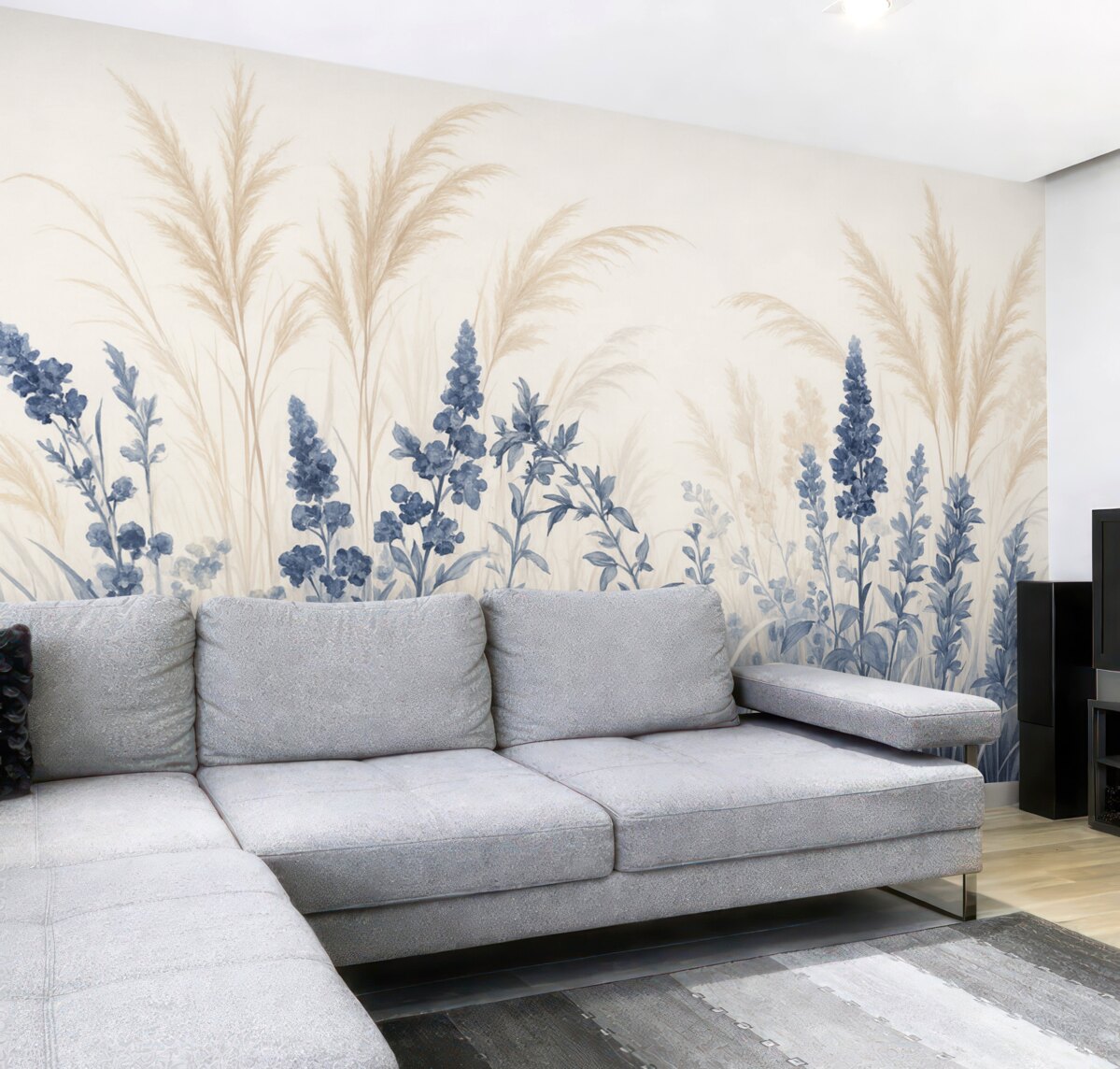 Fototapeta Niebieskie kwiaty oraz beżowe trzciny na łące, minimalistyczna faktura obrazu, jasne tło, łagodne kolory, subtelne pociągnięcia pędzla.