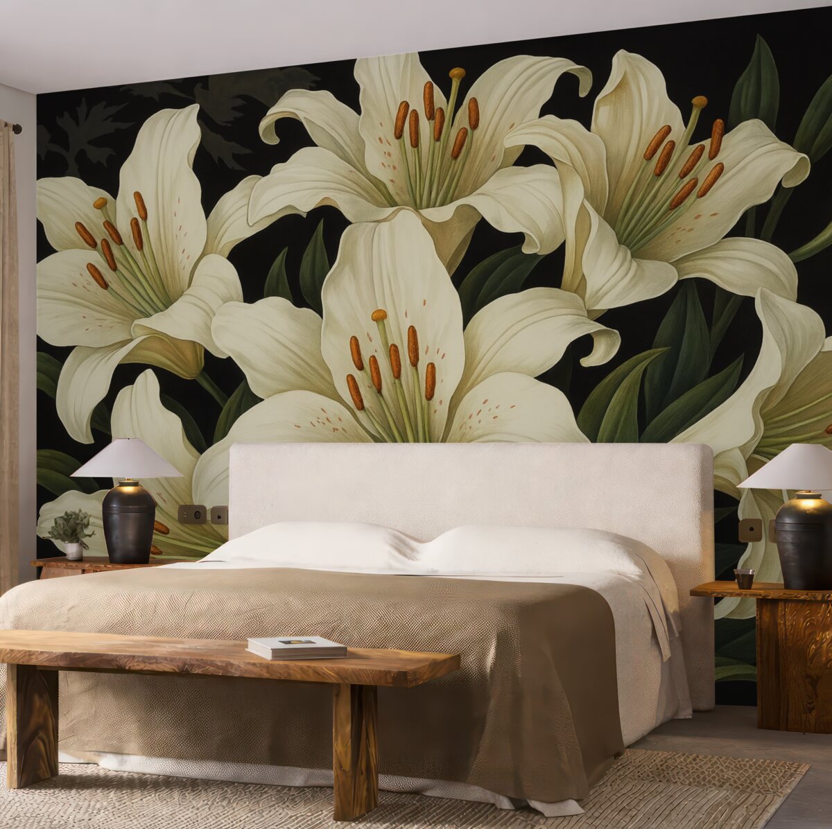 Fototapeta Stylowe, duże białe kwiaty na ciemnym tle.