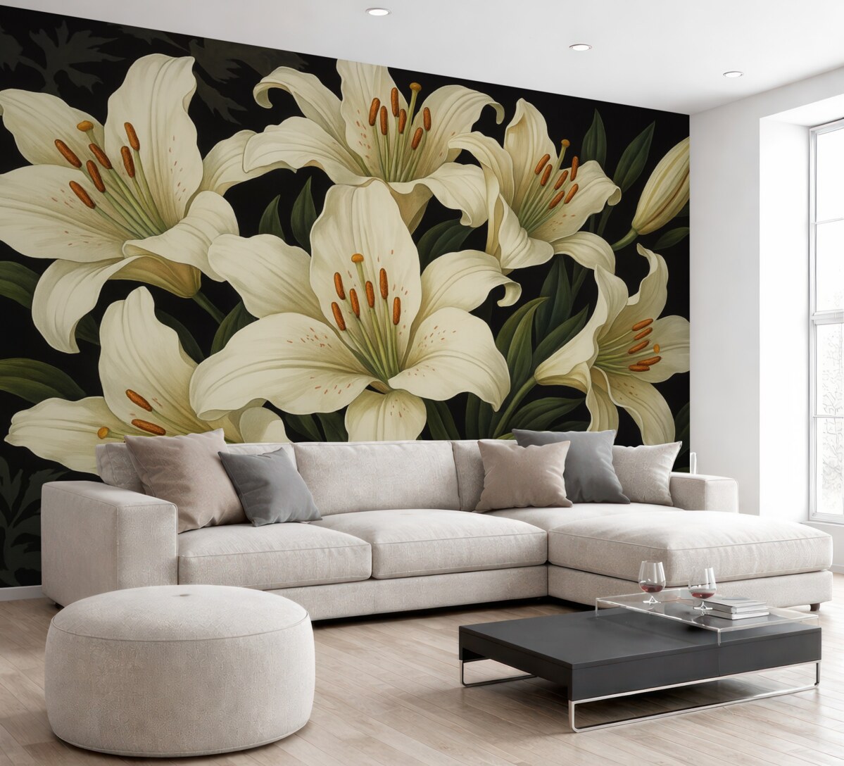 Fototapeta Stylowe, duże białe kwiaty na ciemnym tle.