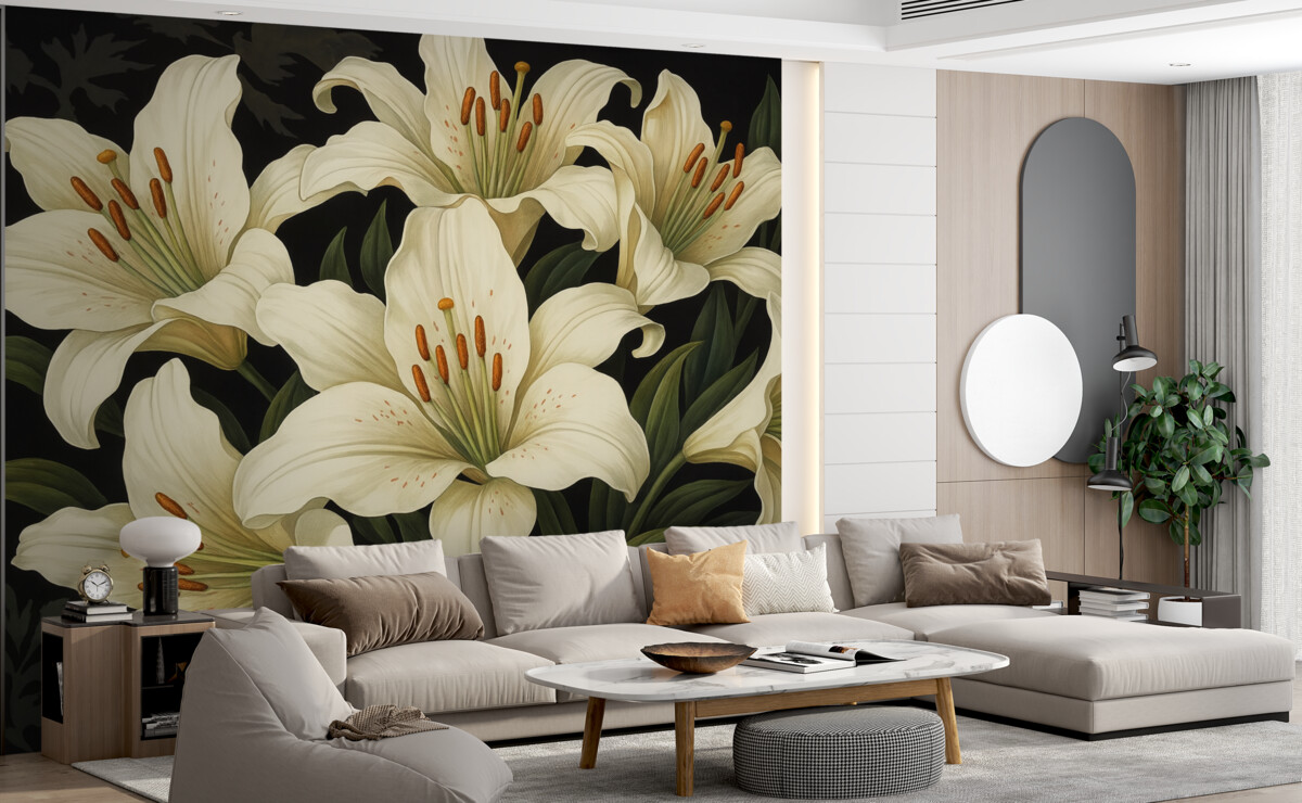 Fototapeta Stylowe, duże białe kwiaty na ciemnym tle.