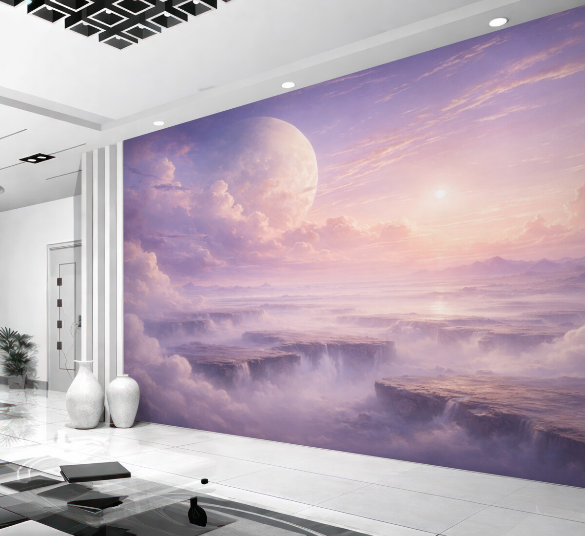 Fototapeta Cudowne fioletowo-różowe niebo z Księżycem i obłokami.