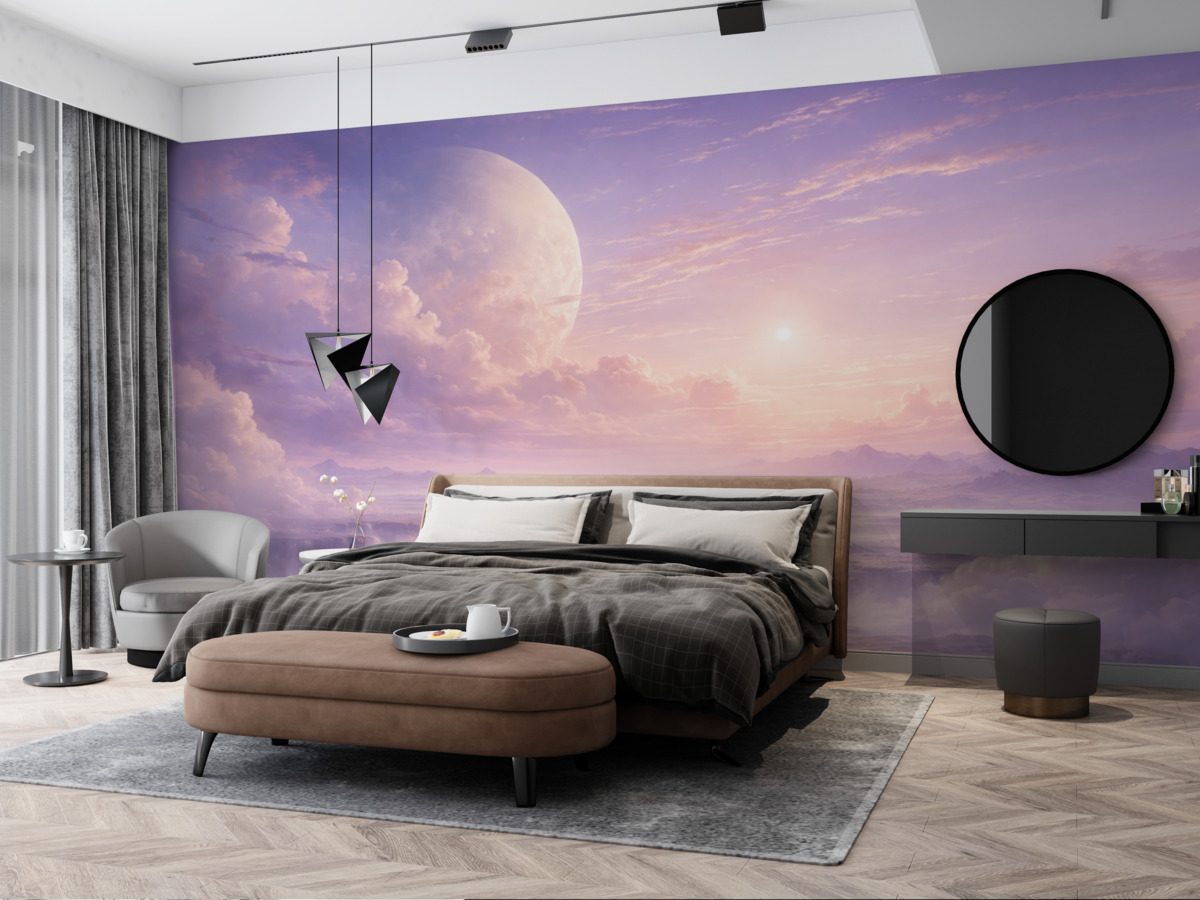 Fototapeta Cudowne fioletowo-różowe niebo z Księżycem i obłokami.