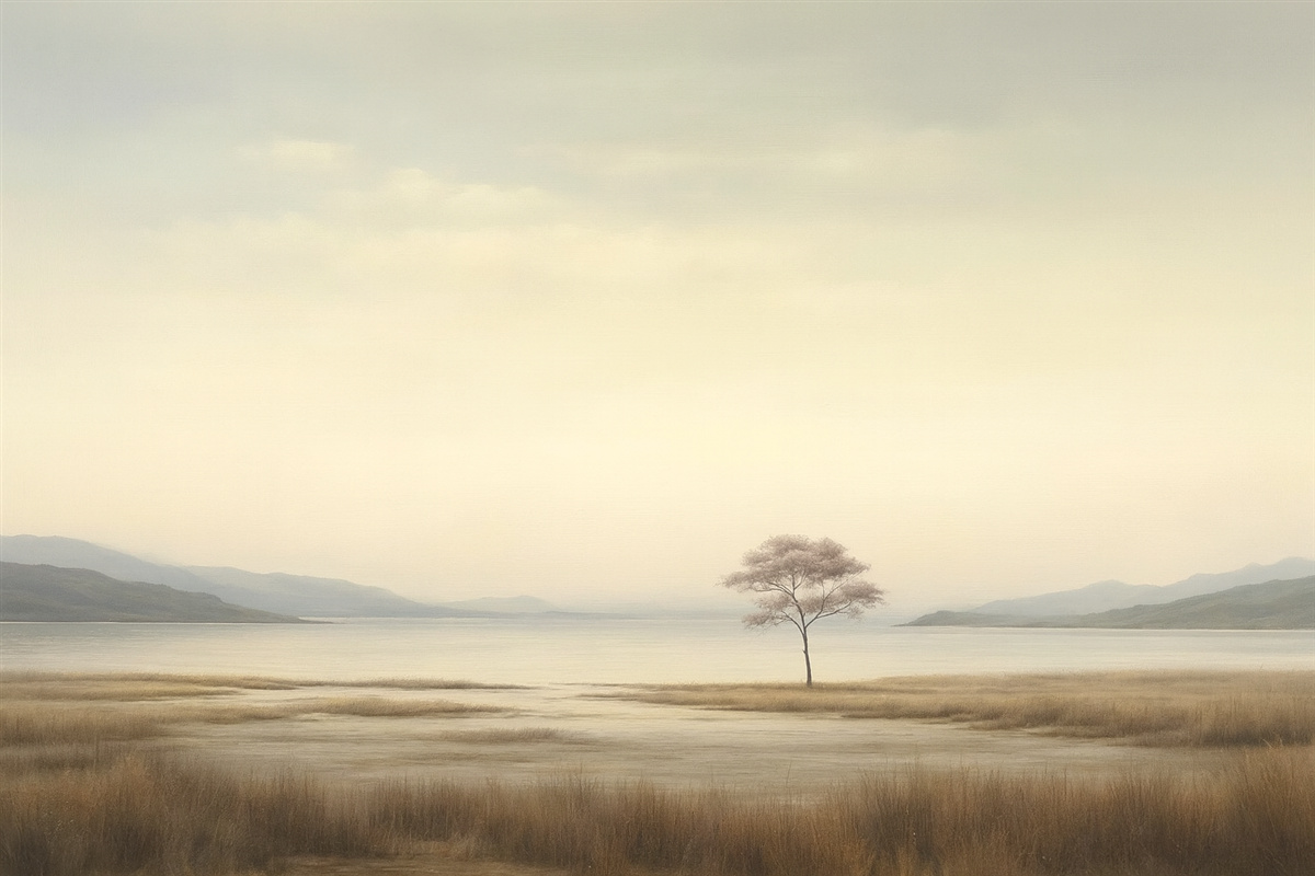 Fototapeta Ciszy krajobraz z osamotnionym różowym drzewem.